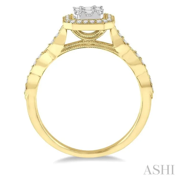 3/8 Ctw Octagonal Center Marquise Shank Round Cut and Baguette Diamond Ring in 14K Yellow and White Gold