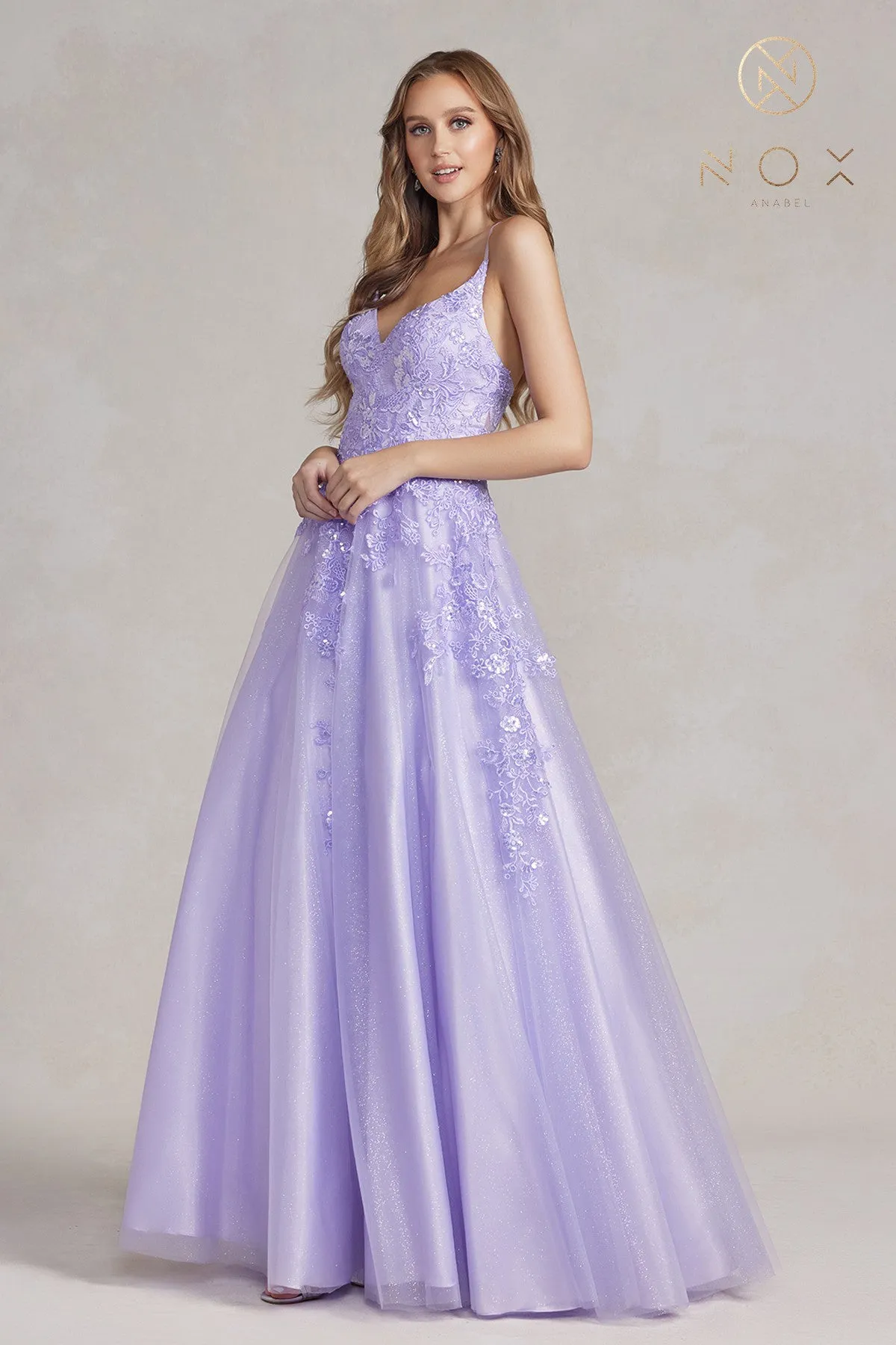 A-Line Embroidered Lace Open Criss Cross Back Long Prom Dress NXE1178