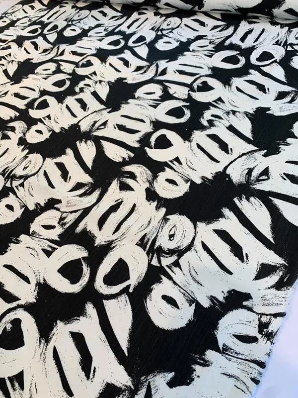 Abstract Painterly Printed Stretch Cotton Twill - Black / White