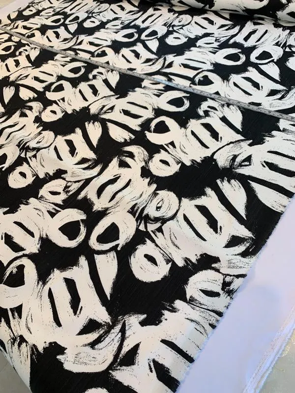 Abstract Painterly Printed Stretch Cotton Twill - Black / White