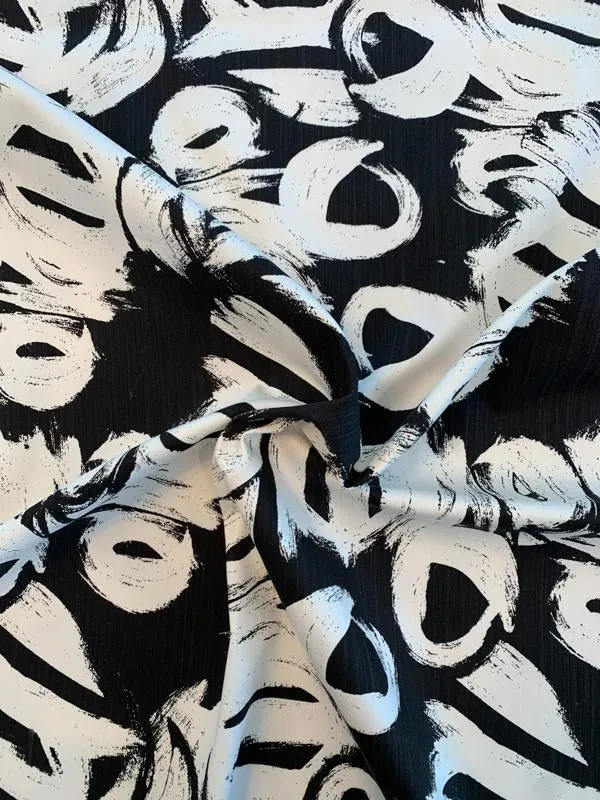 Abstract Painterly Printed Stretch Cotton Twill - Black / White