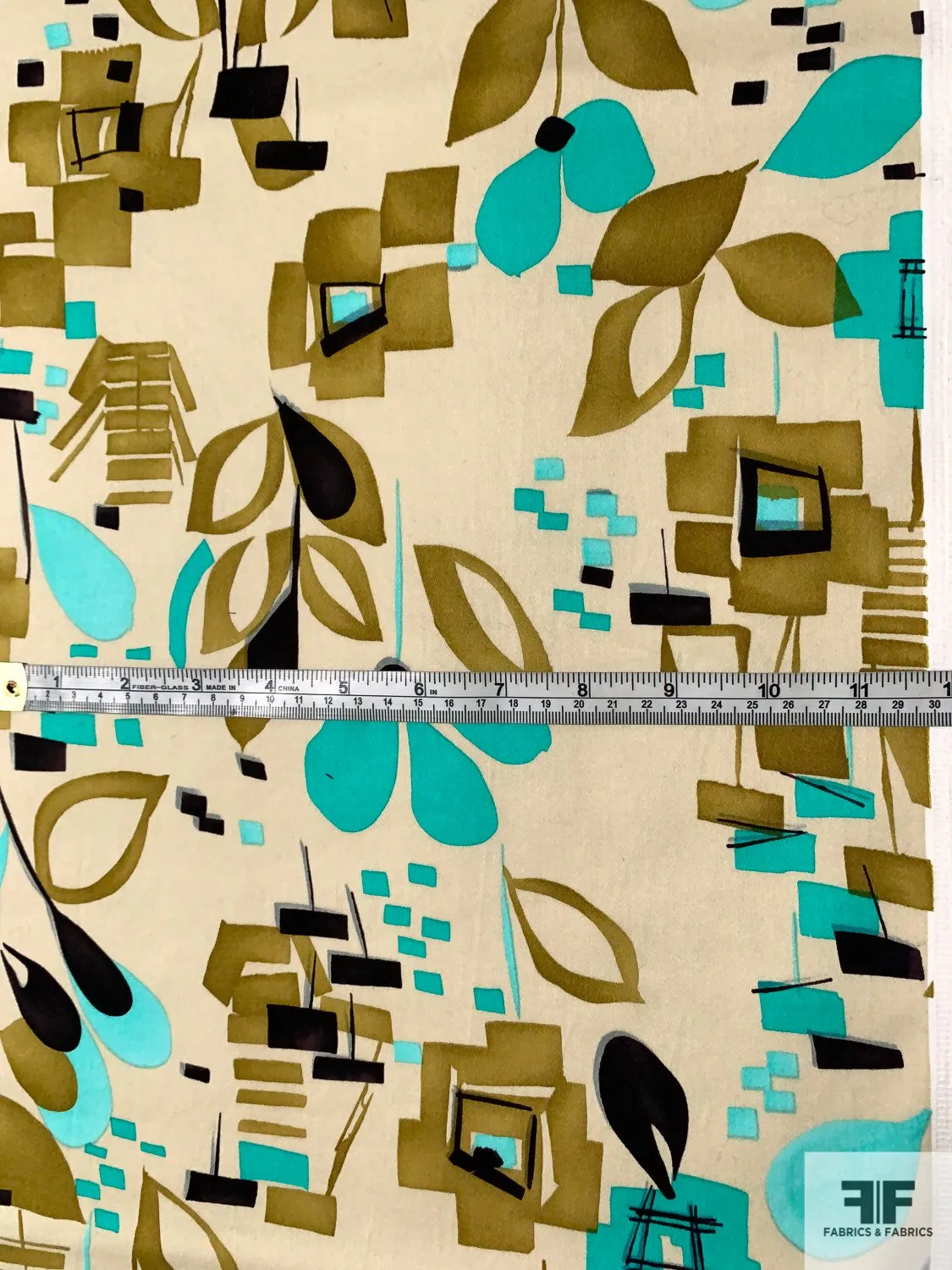 Abstract Printed Stretch Cotton Sateen - Olive / Turquoise / Sand / Black