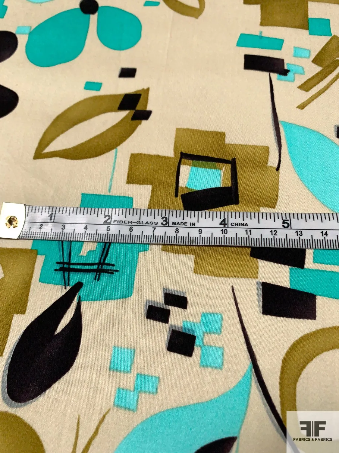 Abstract Printed Stretch Cotton Sateen - Olive / Turquoise / Sand / Black