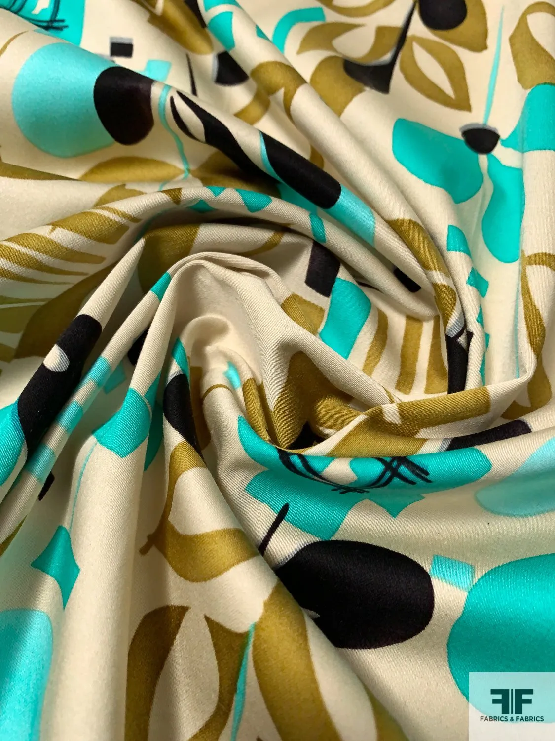 Abstract Printed Stretch Cotton Sateen - Olive / Turquoise / Sand / Black