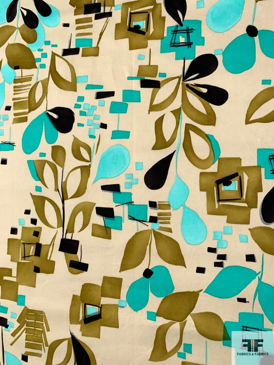 Abstract Printed Stretch Cotton Sateen - Olive / Turquoise / Sand / Black