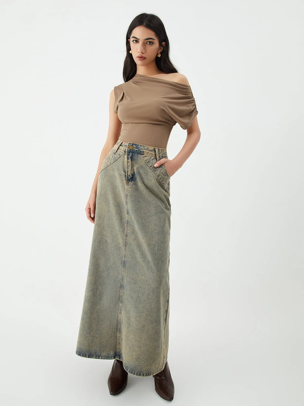 Asymmetric One Graceful Shoulder Pleated Top