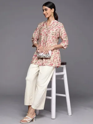 Beige Printed Silk Blend A-Line Kurti