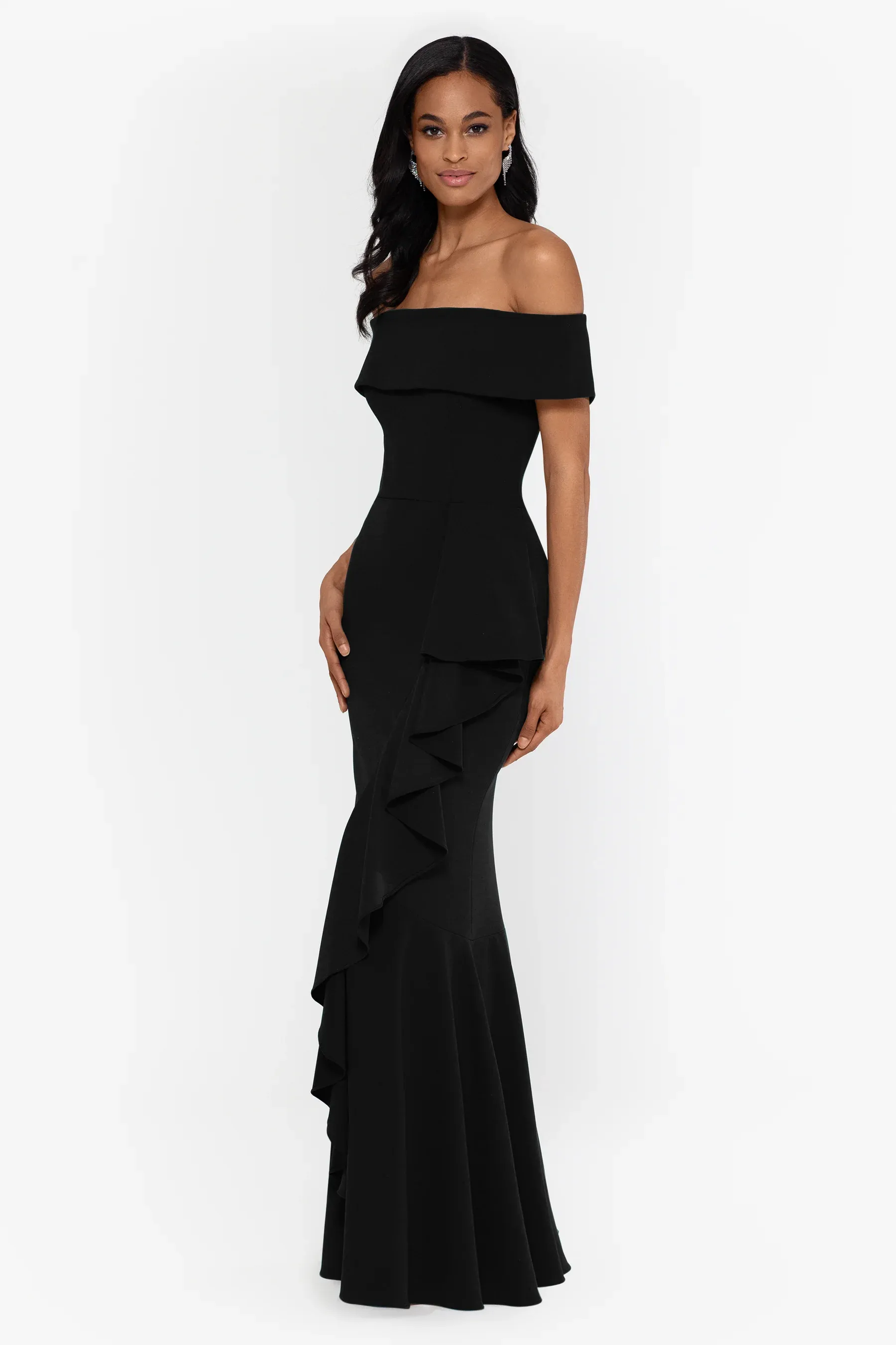 Betsy and Adam "Carina" Off the Shoulder Ruffle Evening Dress A22885