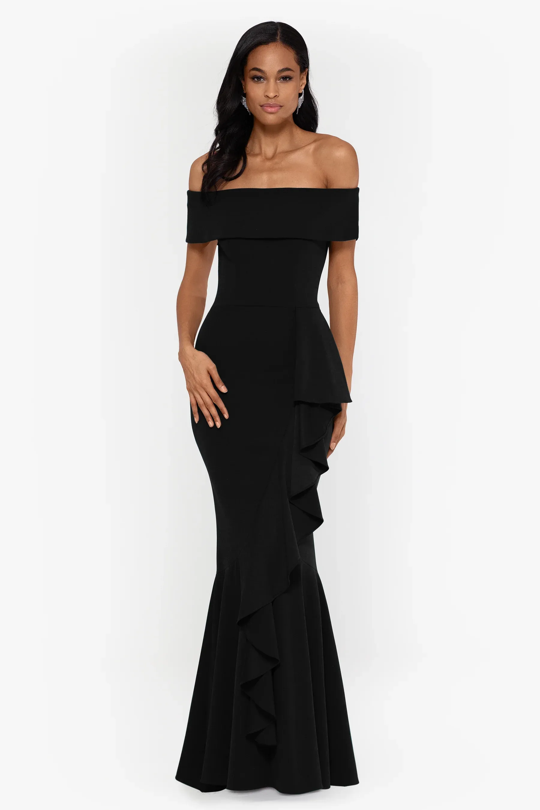 Betsy and Adam "Carina" Off the Shoulder Ruffle Evening Dress A22885