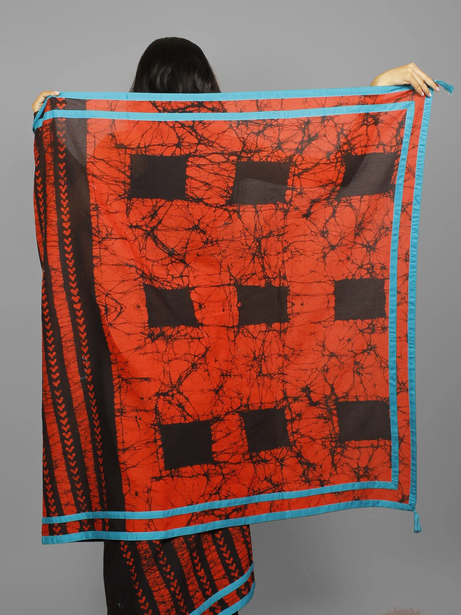 Black Red Hand Batik Printed Cotton Saree With Blue Border & Tassels - S031702253