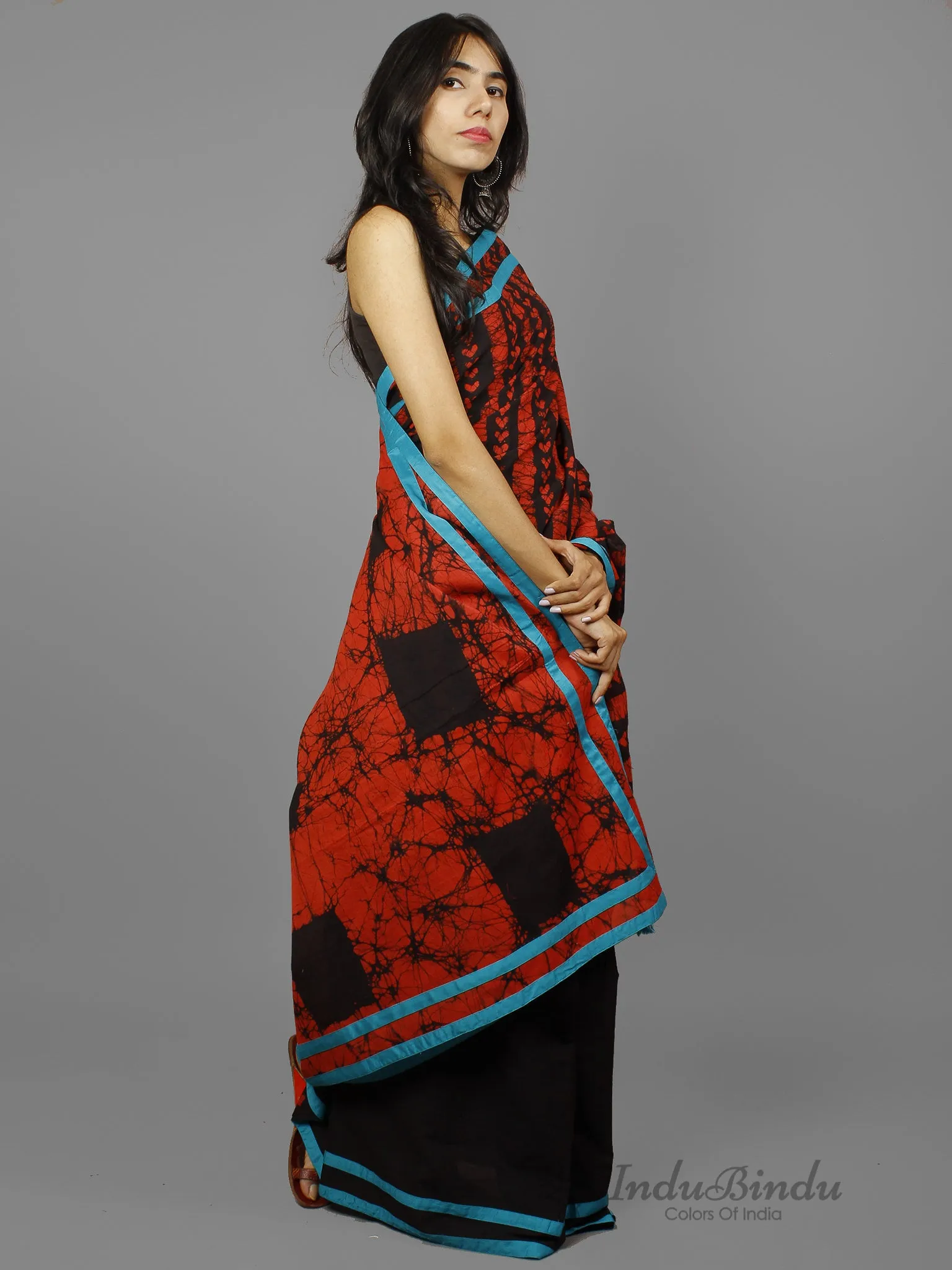 Black Red Hand Batik Printed Cotton Saree With Blue Border & Tassels - S031702253