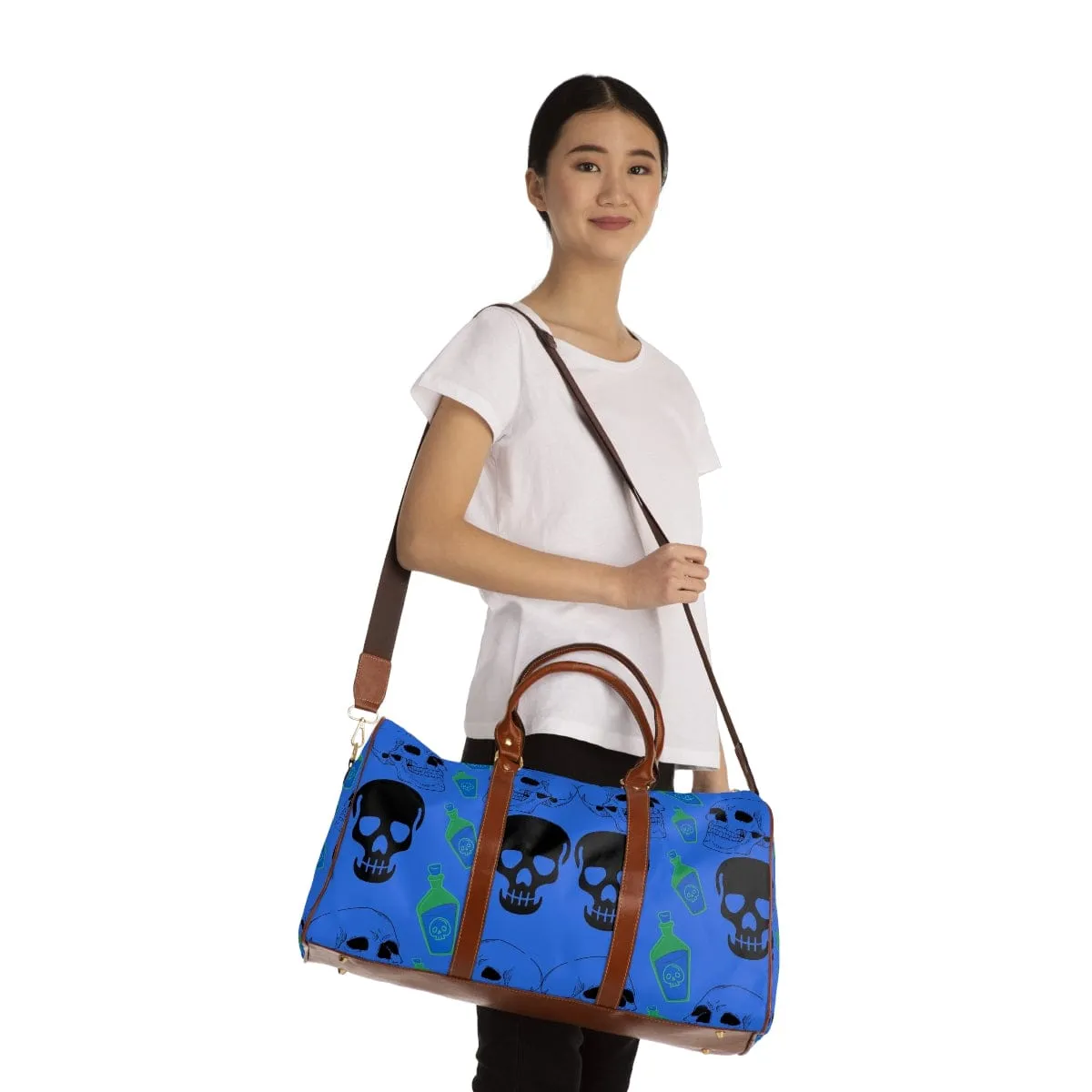 Black Skull Heads Waterproof Blue Travel Bag