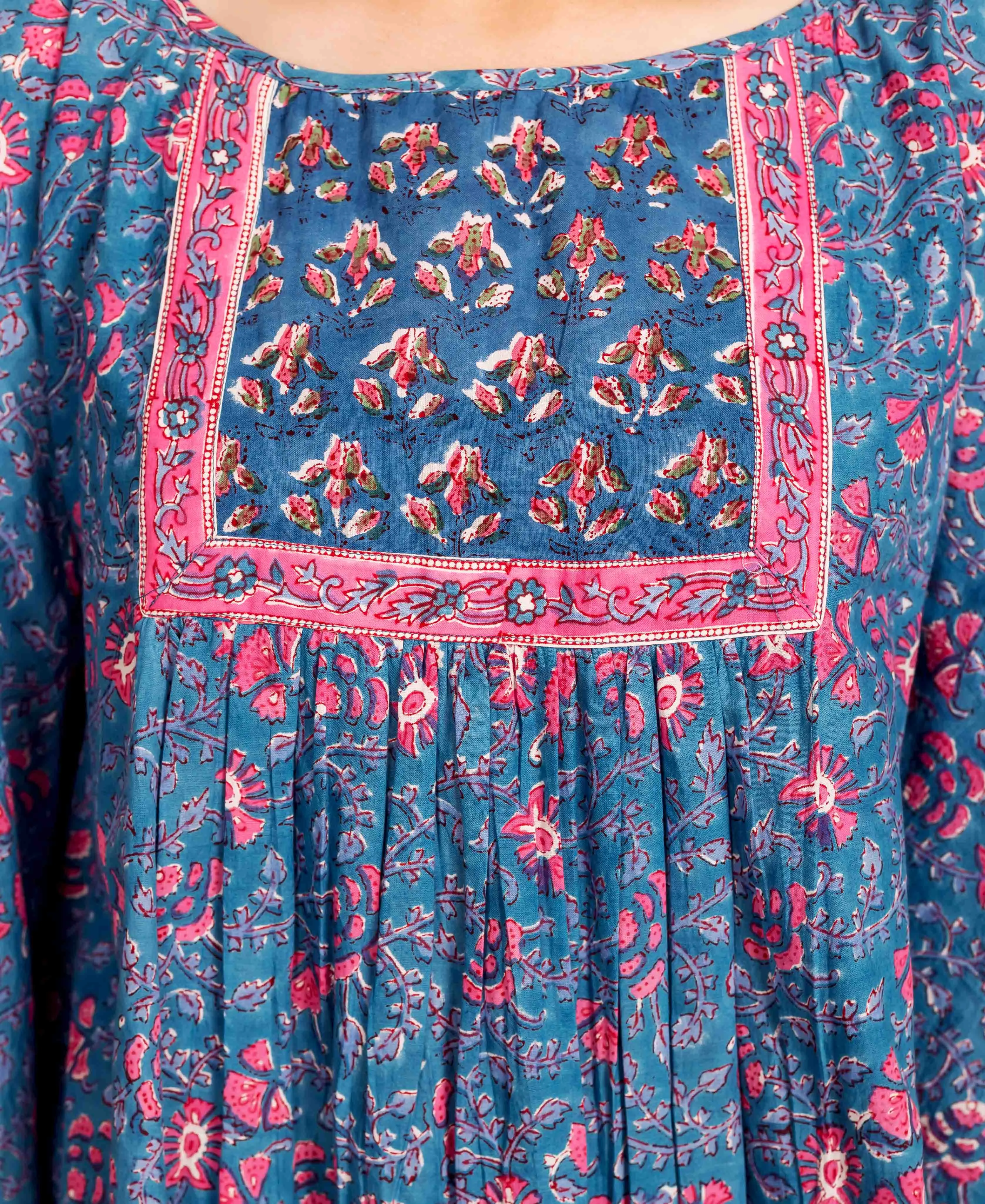 Blue and Pink Hand Block Printed Kaftan Top