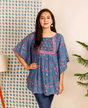 Blue and Pink Hand Block Printed Kaftan Top