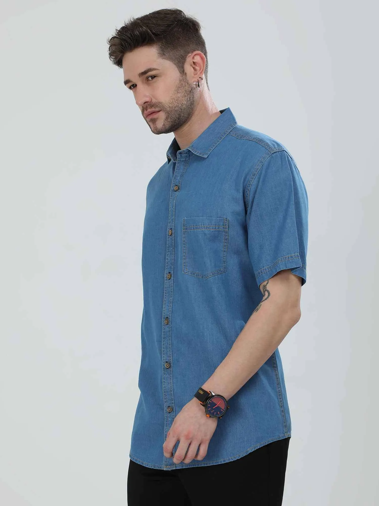 Blue Denim Single Pocket Half Sleeve Shirt