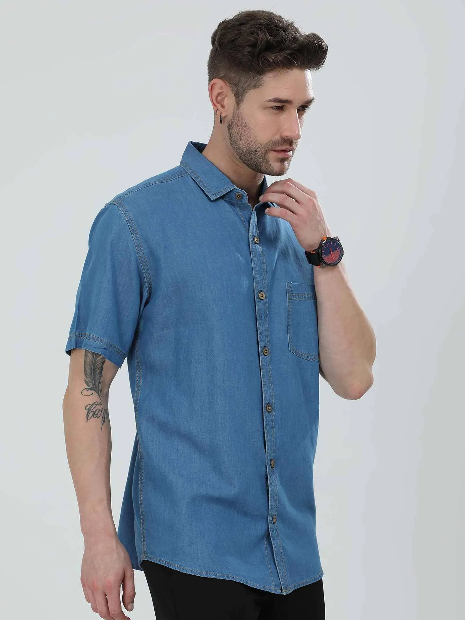 Blue Denim Single Pocket Half Sleeve Shirt