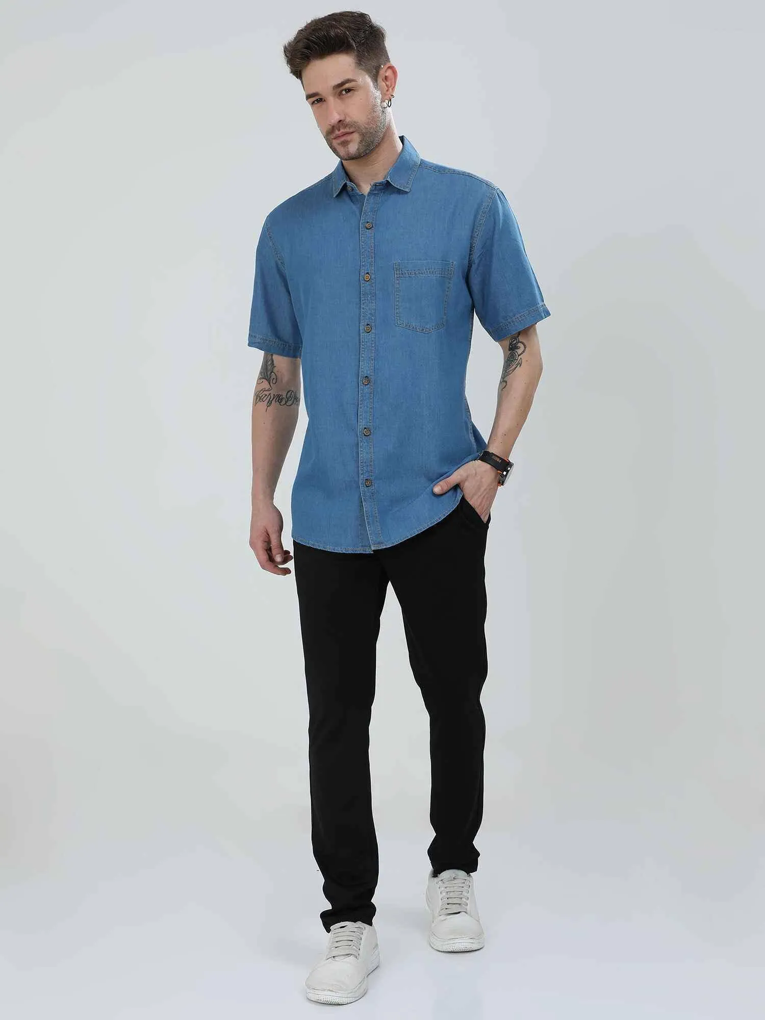 Blue Denim Single Pocket Half Sleeve Shirt