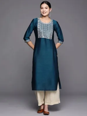 Blue Yoke Design Silk Straight Kurta