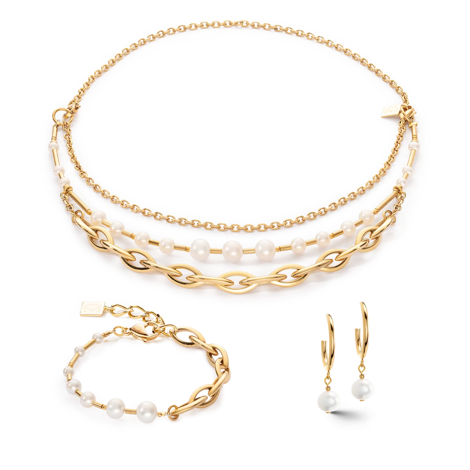 Bracelet Freshwater Pearls & Chunky Chain Navette Multiwear white-gold