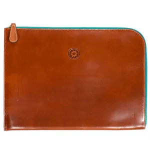 Brown leather portfolio with green zipper