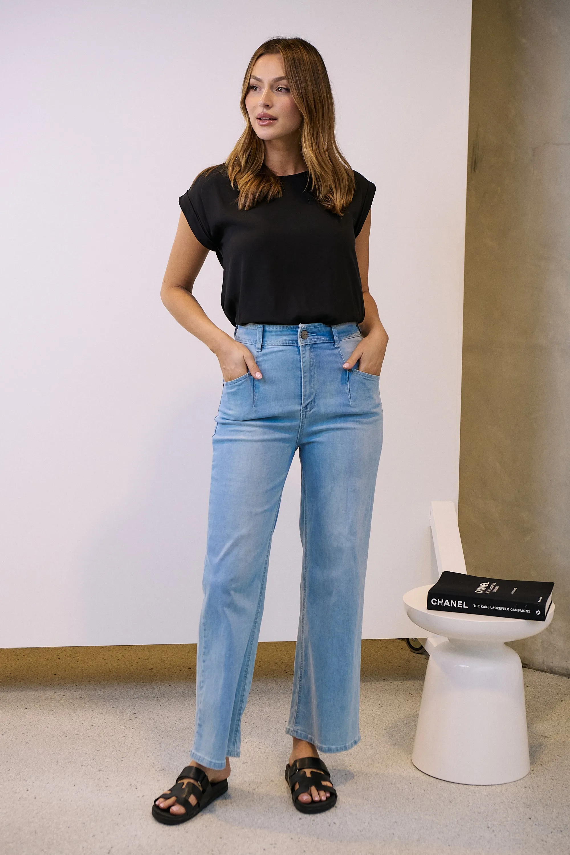 Chambray Denim Wide Leg Pocket Front Mum Jeans