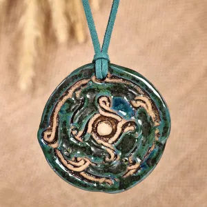 Classic Handcrafted Blue and Green Ceramic Pendant Necklace - Mystic Whirl | NOVICA