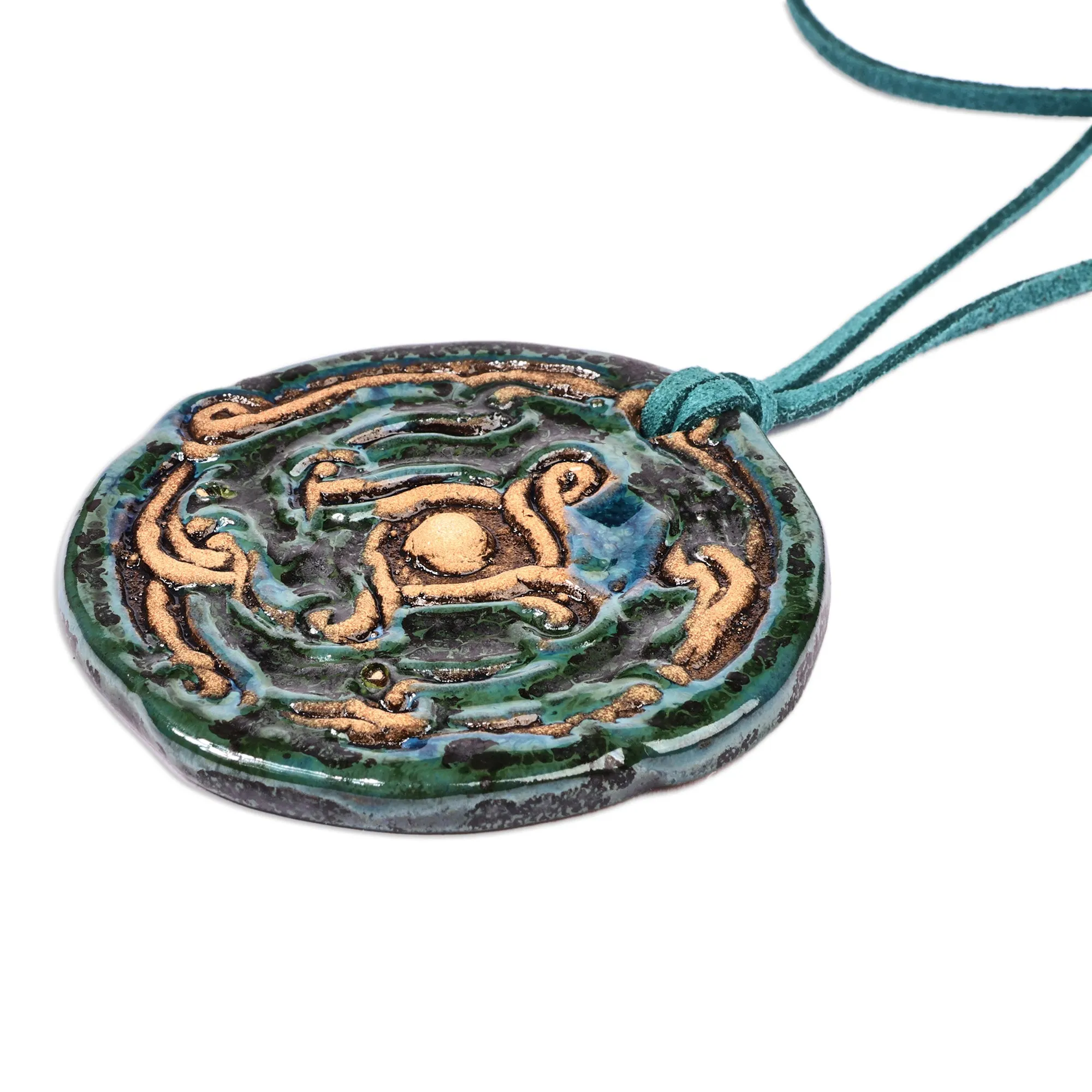 Classic Handcrafted Blue and Green Ceramic Pendant Necklace - Mystic Whirl | NOVICA