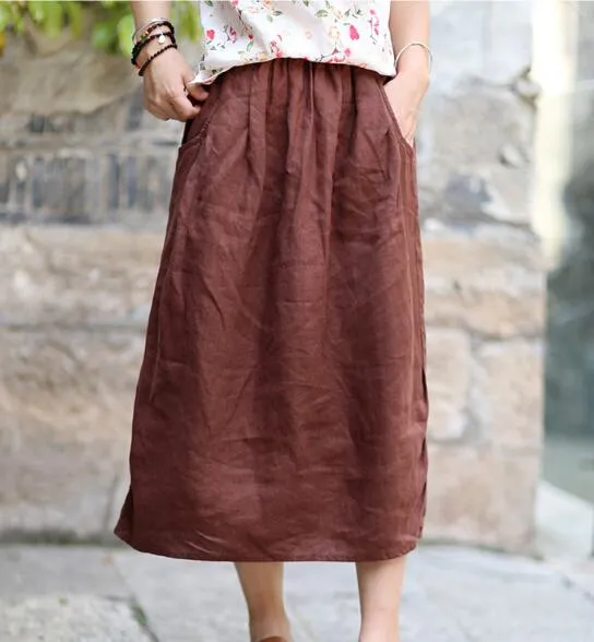 Coffee Women's Skirts Summer 100% Linen Skirt Elastic Waist