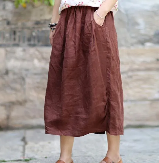 Coffee Women's Skirts Summer 100% Linen Skirt Elastic Waist