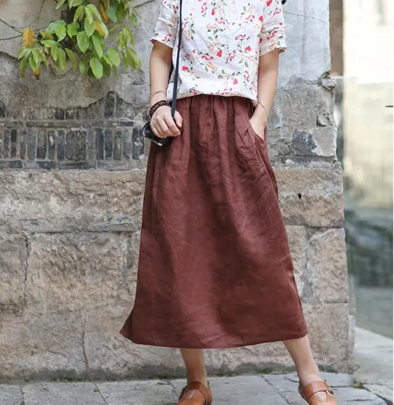 Coffee Women's Skirts Summer 100% Linen Skirt Elastic Waist