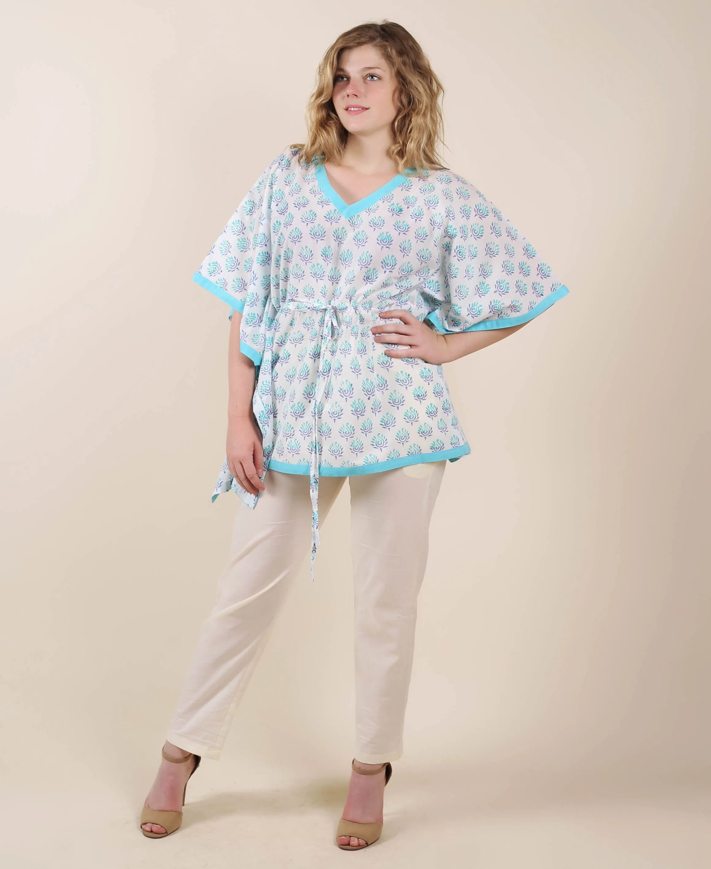 Cotton Aqua And White Kaftan Top With Trouser