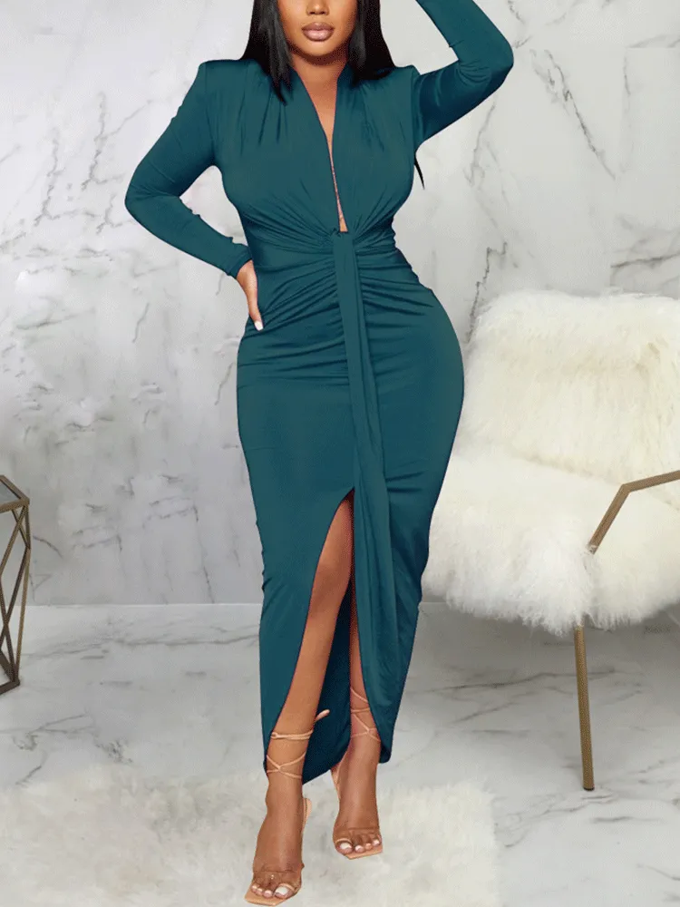 Deep V-neck Graceful Ruched Mini Dress