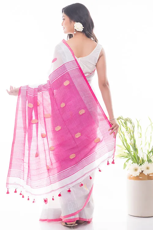 Flowing & Graceful. Soft Handwoven Bengal Linen Saree - Pink Buti