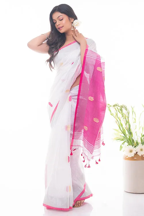 Flowing & Graceful. Soft Handwoven Bengal Linen Saree - Pink Buti