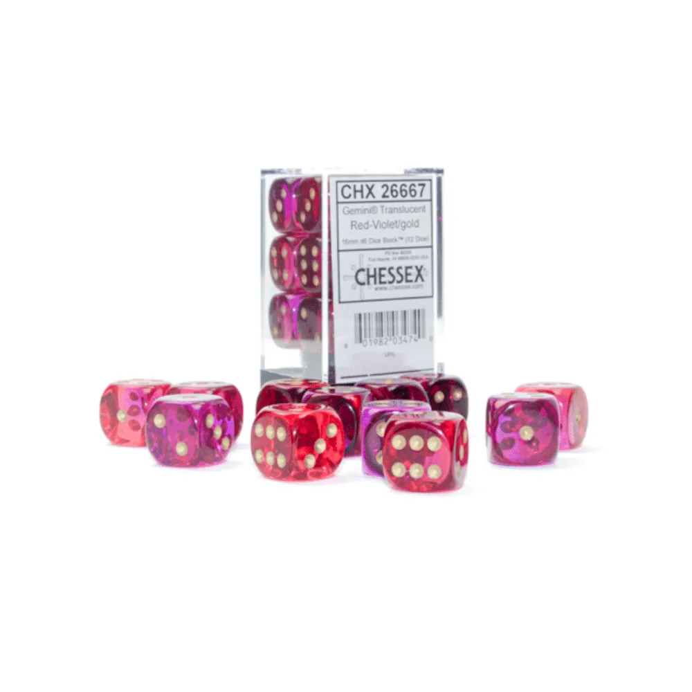 Gemini 16mm d6 Translucent Red-Violet/gold Dice Block (12 dice)