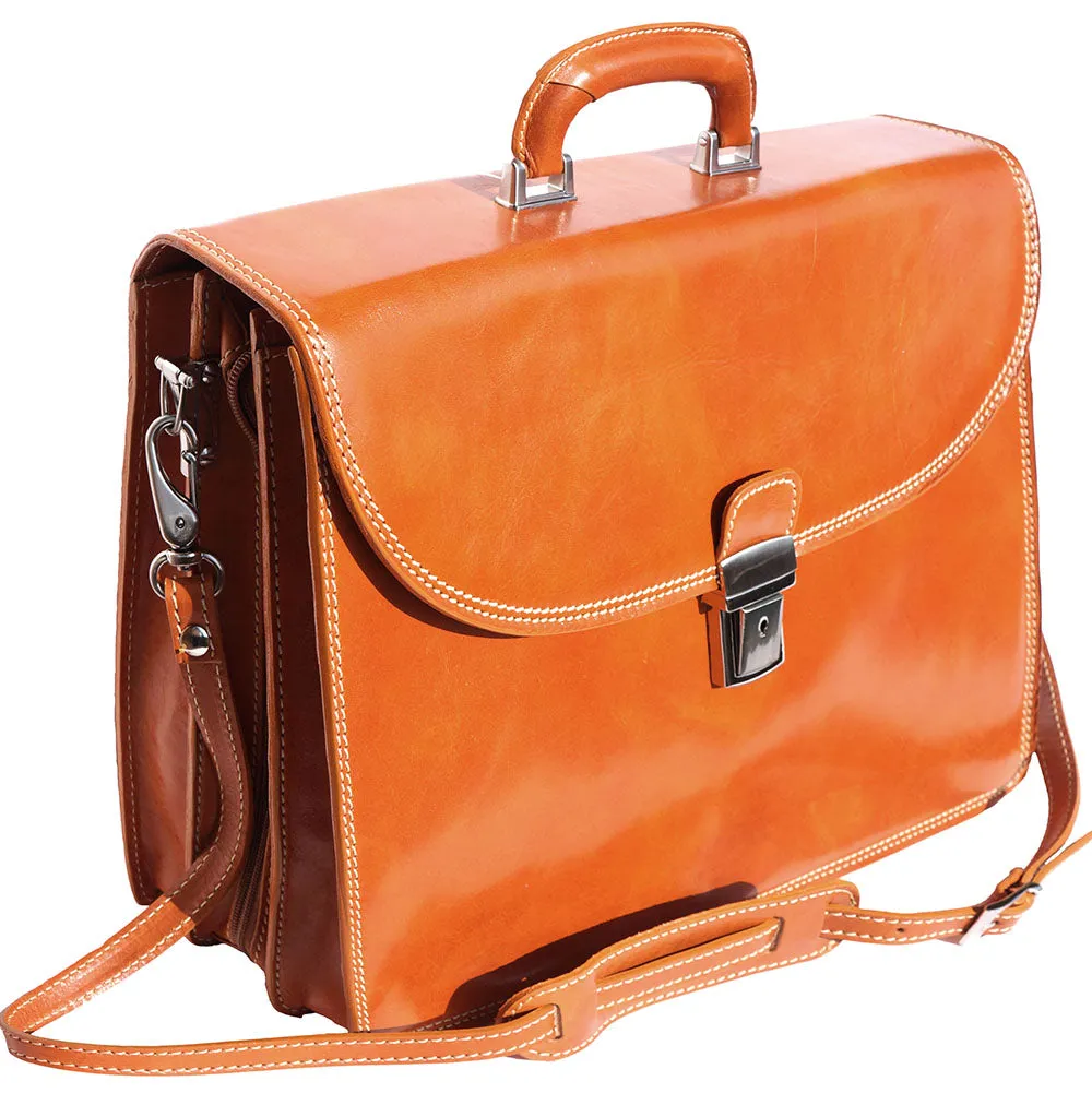 Genuine leather briefcase with three compartments