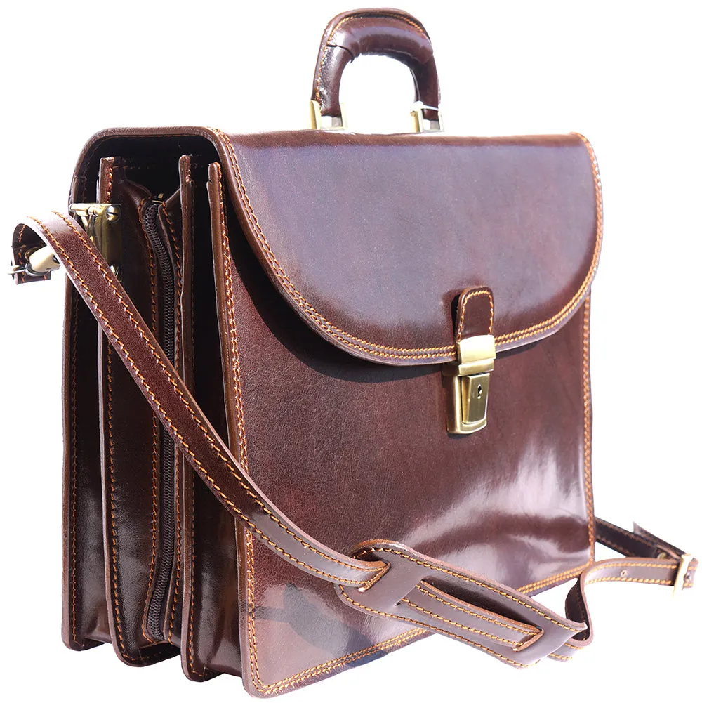 Genuine leather briefcase with three compartments