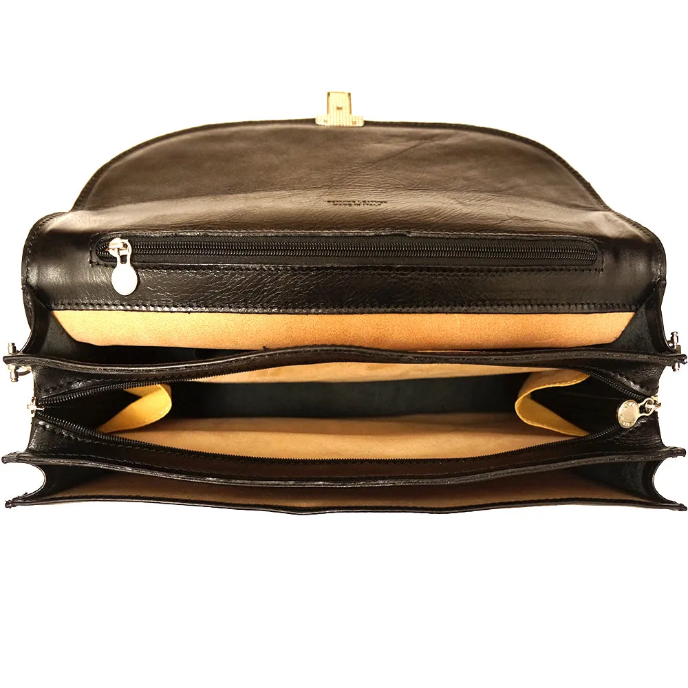 Genuine leather briefcase with three compartments