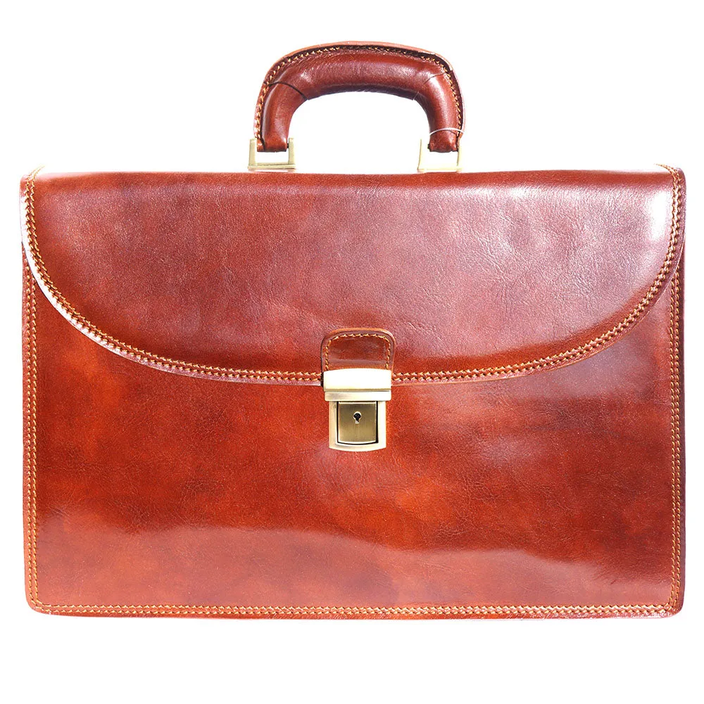 Genuine leather briefcase with three compartments