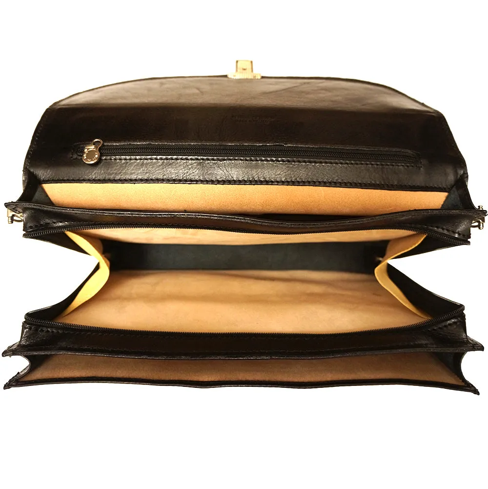 Genuine leather briefcase with three compartments