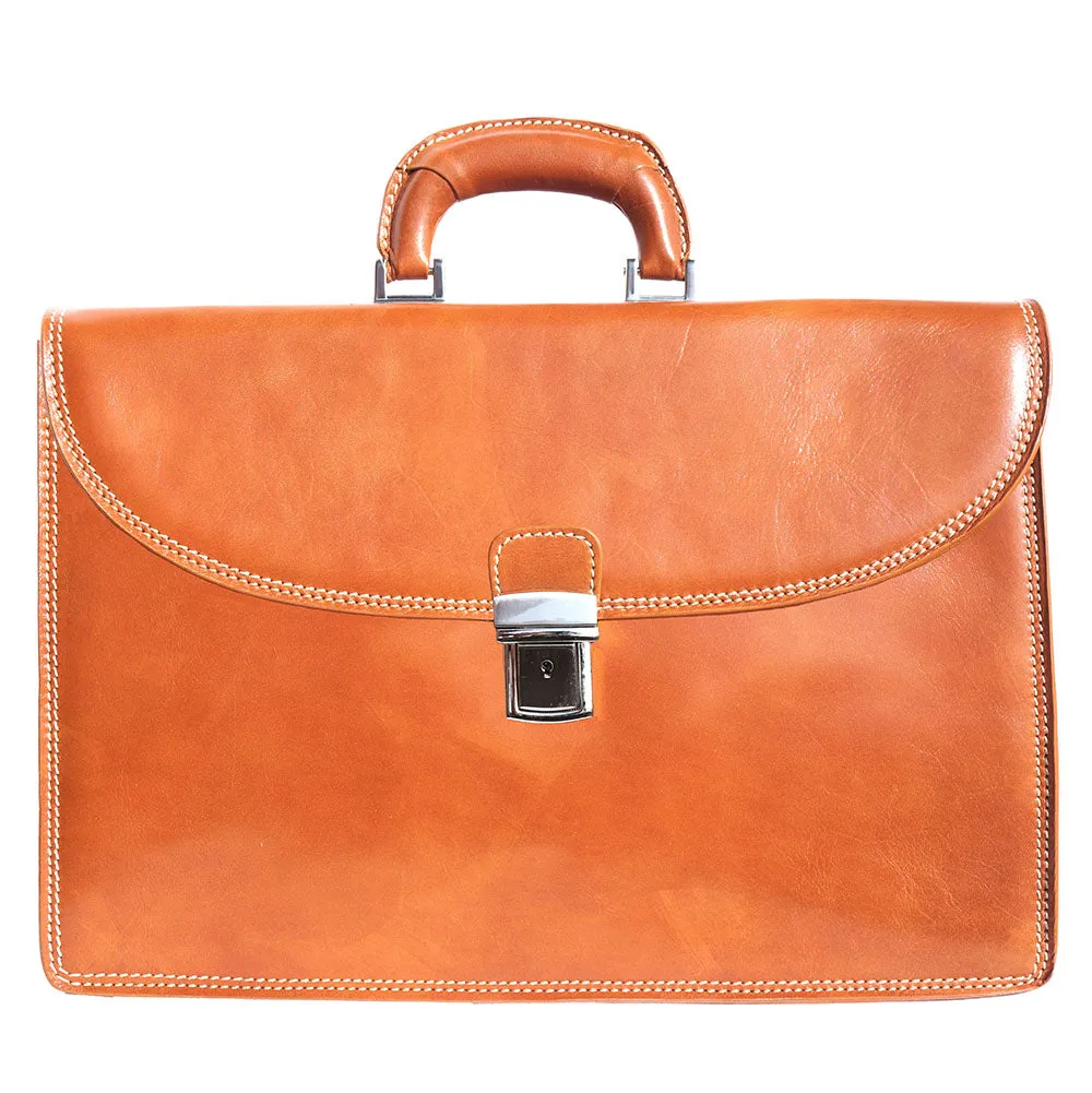 Genuine leather briefcase with three compartments