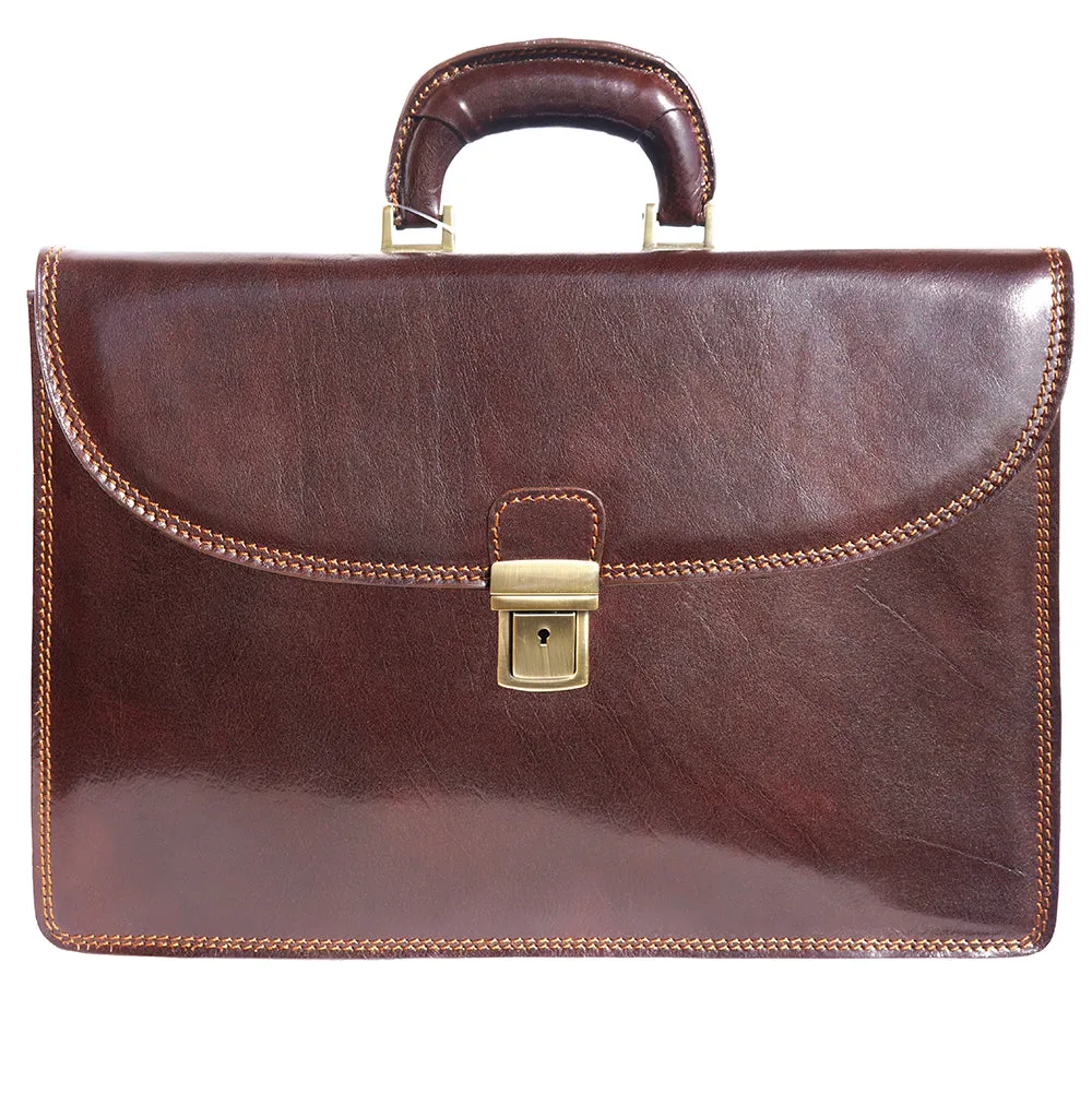 Genuine leather briefcase with three compartments