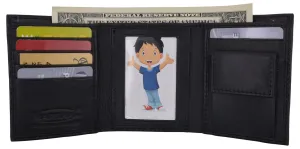 Genuine Leather Kids Slim Compact ID and Coin Pocket Trifold Boys Black Wallet