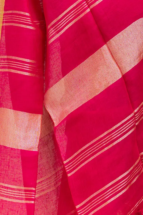 Graceful Elegance. Soft Bengal Handwoven Linen Sari - Deep Pink & Gold