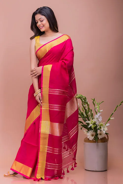 Graceful Elegance. Soft Bengal Handwoven Linen Sari - Deep Pink & Gold