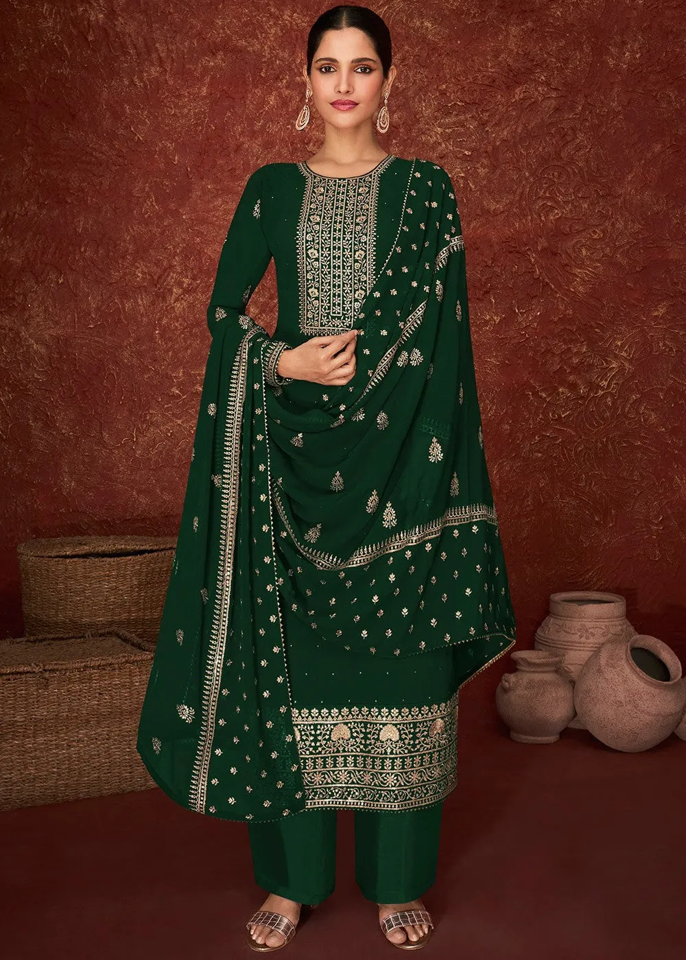 Green & Gold Splendid Embroidered Pakistani Style Suit