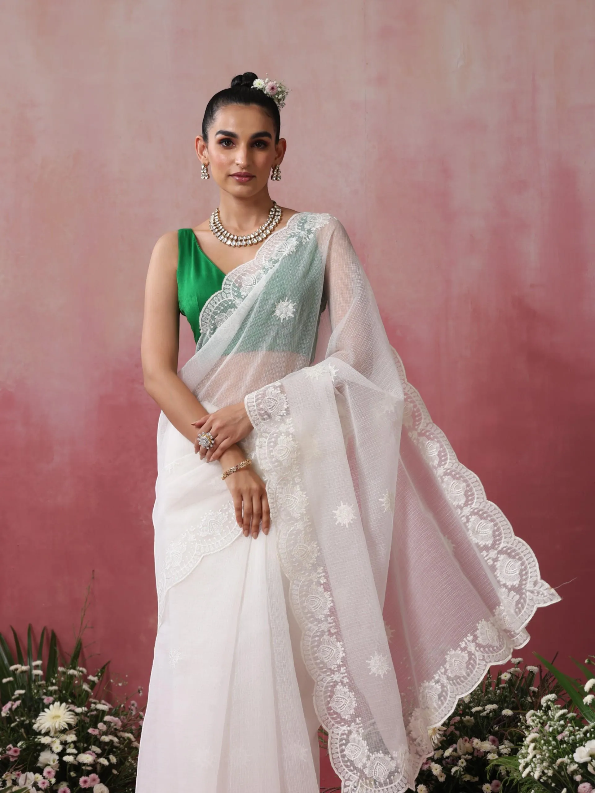 Halo White Cotton Kota Saree with Scallop Embroidery