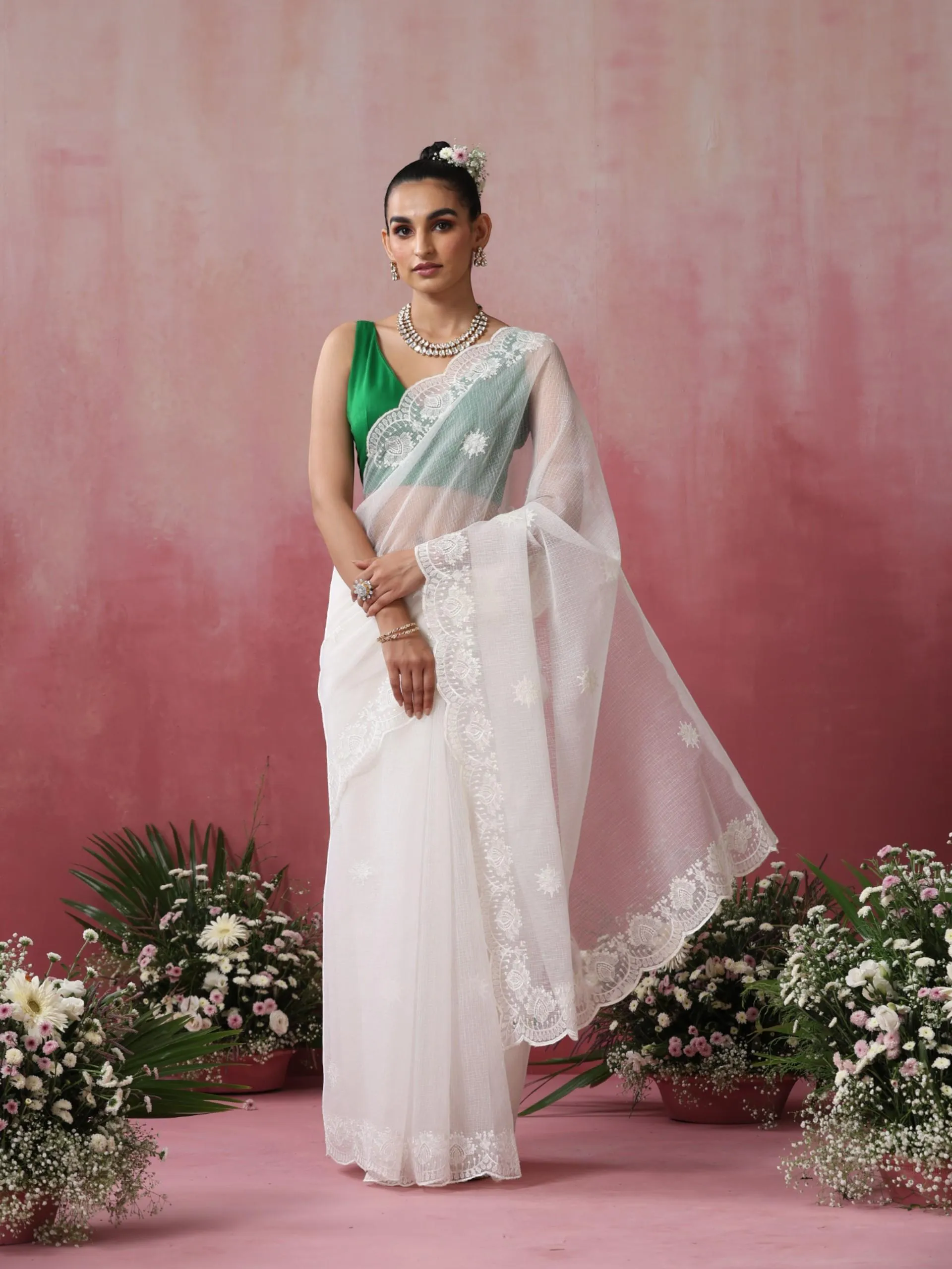 Halo White Cotton Kota Saree with Scallop Embroidery