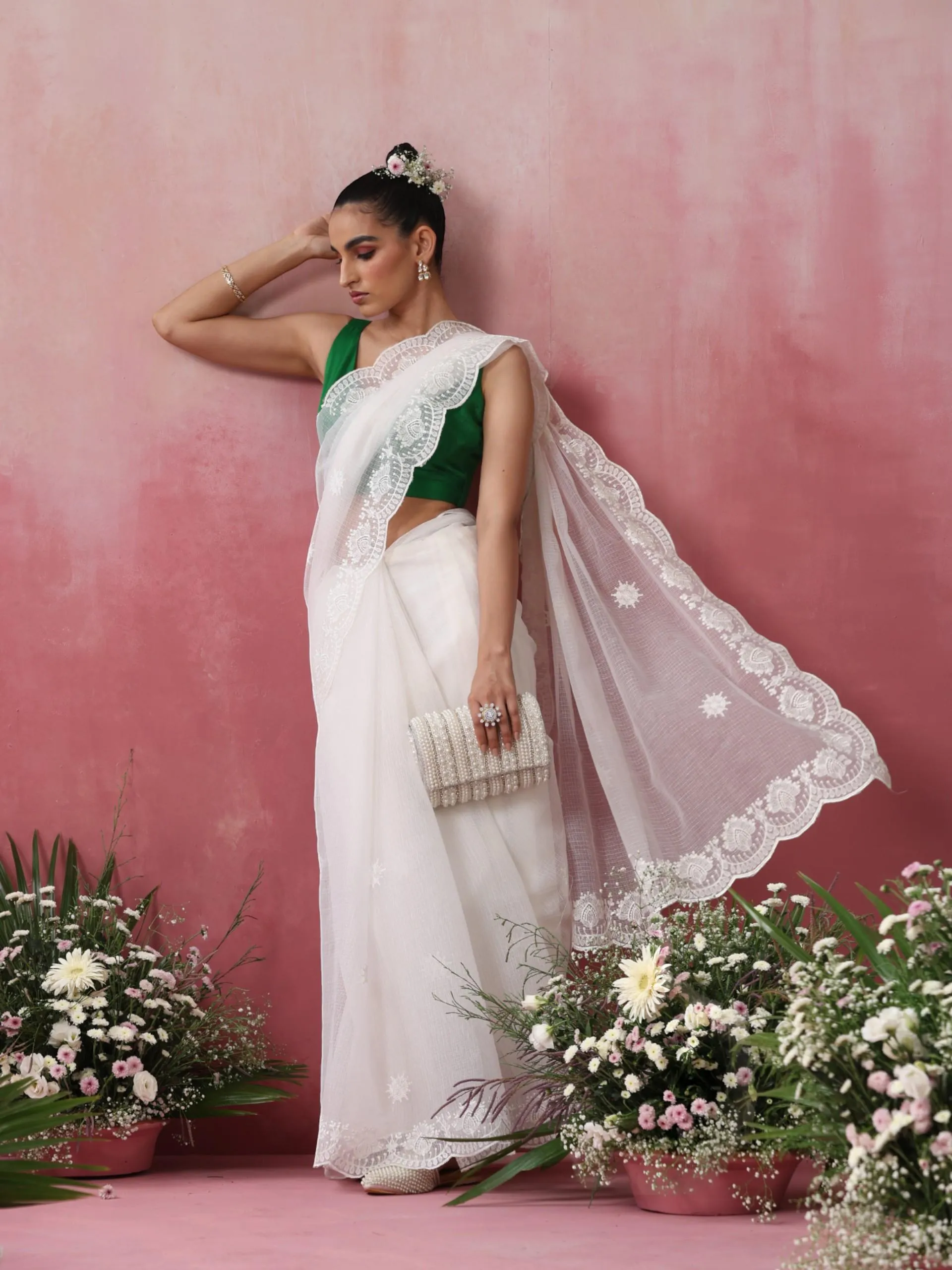 Halo White Cotton Kota Saree with Scallop Embroidery