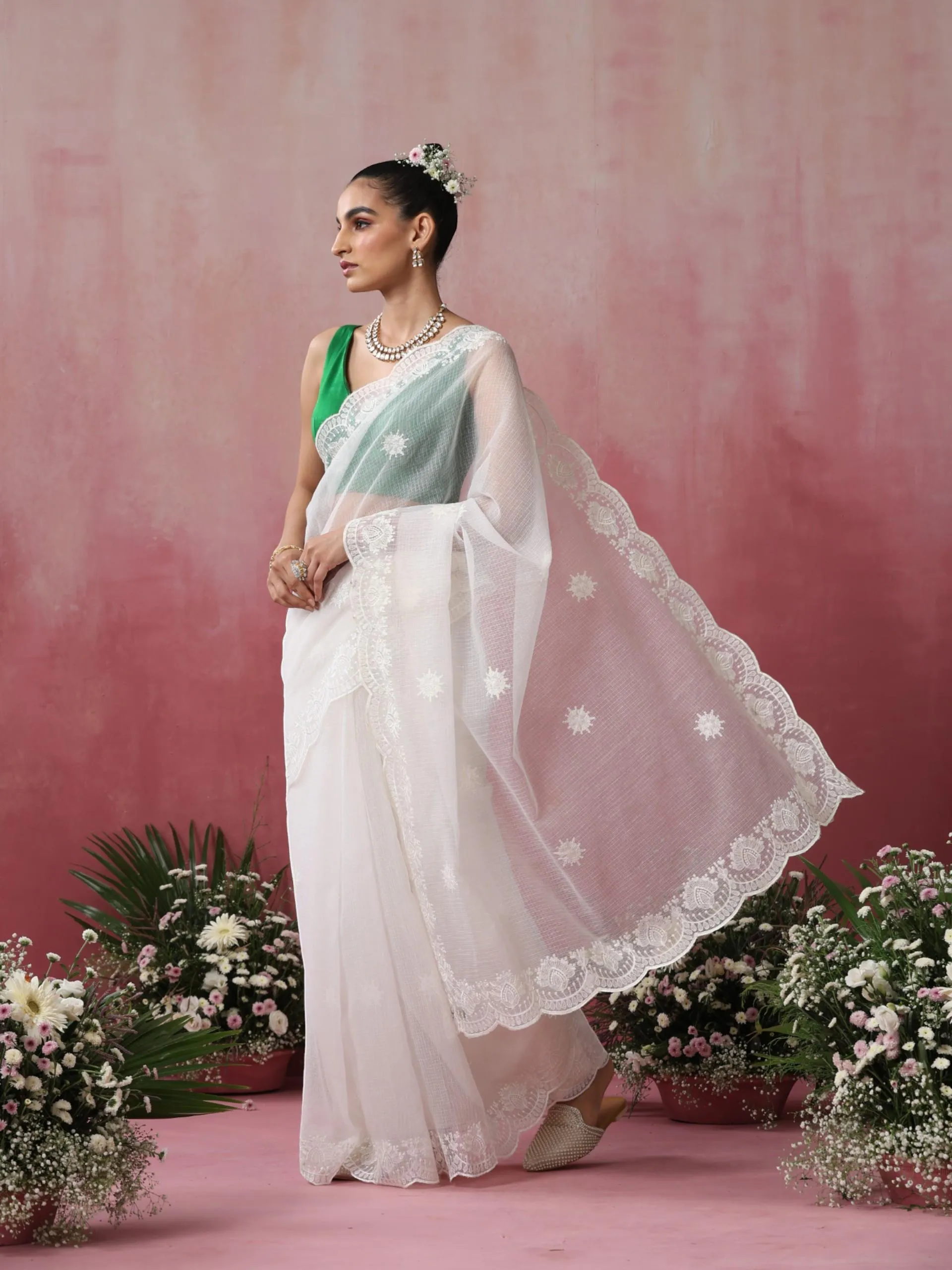 Halo White Cotton Kota Saree with Scallop Embroidery